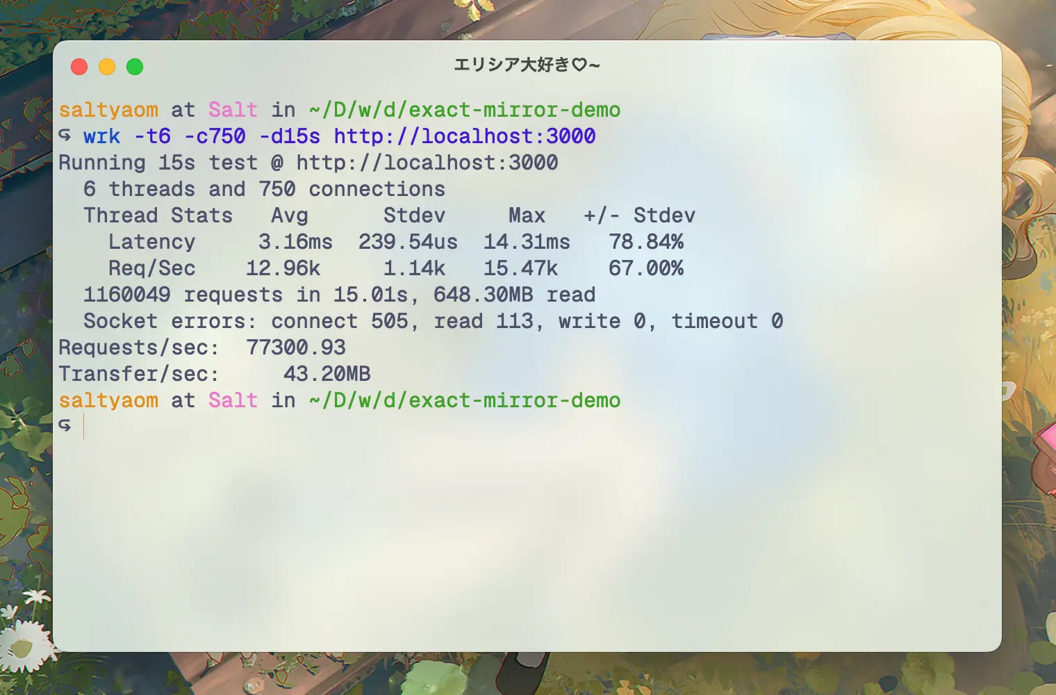 Elysia with normalization turned on resulting in 77k req/sec